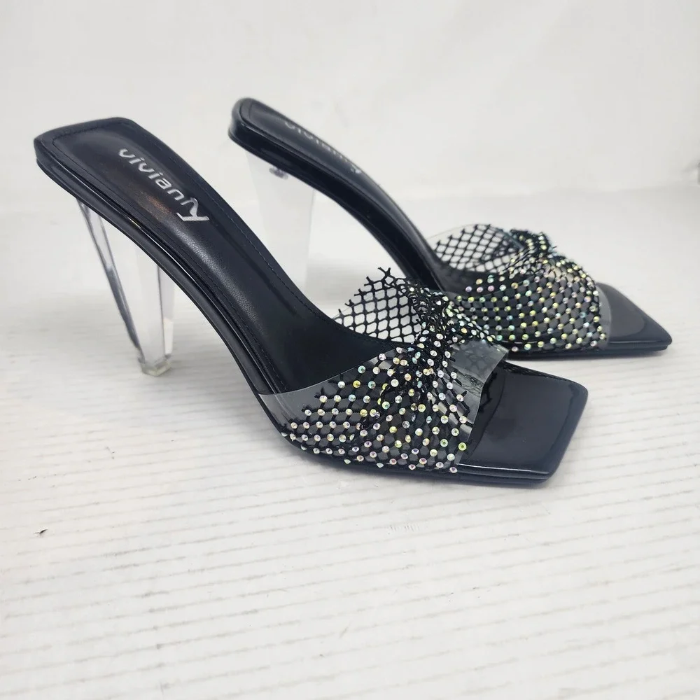 Vivianly Black Rhinestone Fishnet Clear Wedge Heel Mules Sandals Womens 9 NEW - Picture 2 of 8